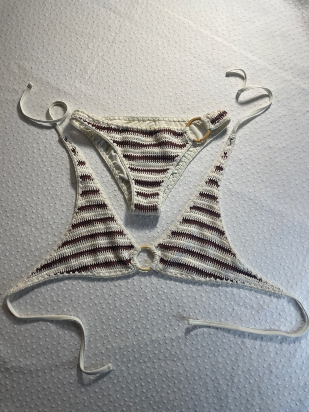 aerie Cream/ brown Crochet Bikini Set bamboo details top Xs bottom small